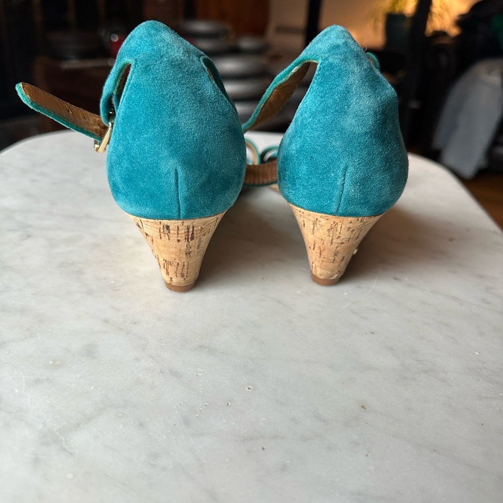 Tory Burch Savannah Teal Suede Cork Wedges - Picture 3 of 7